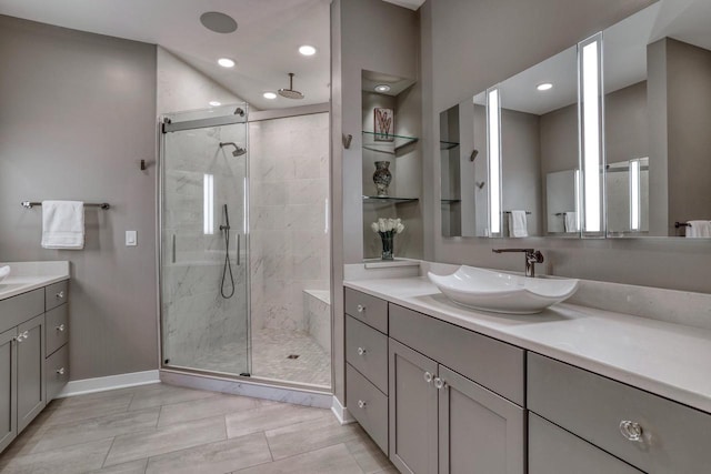 215 E Pleasant St Unit 304, Oconomowoc, WI 53066 - bathroom featuring vanity, a stall shower, and recessed lighting