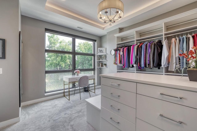 215 E Pleasant St Unit 304, Oconomowoc, WI 53066 - spacious closet with light colored carpet, a chandelier, and a tray ceiling
