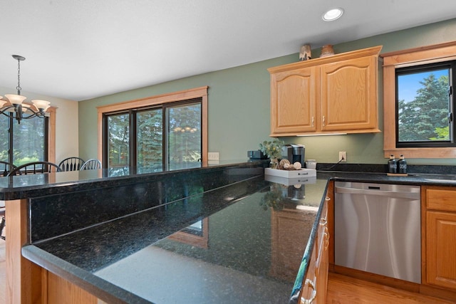 5330 Deer Trail Ln, Sheboygan, WI 53083 - kitchen with dishwasher, a chandelier, light brown cabinets, a peninsula, and light wood-style flooring