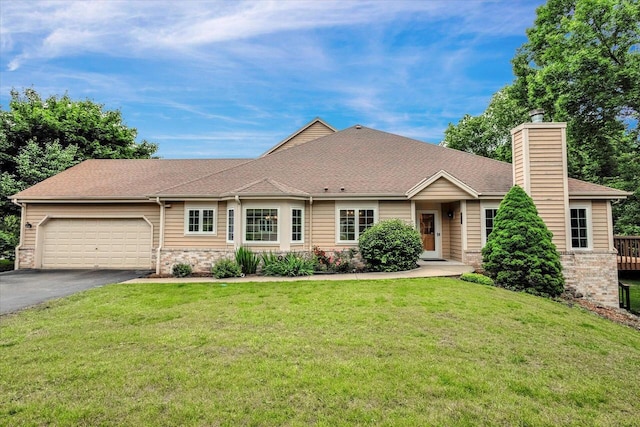 2855 River Birch Dr Unit D, Brookfield, WI 53045 - ranch-style house featuring asphalt driveway, an attached garage, a chimney, a front lawn, and roof with shingles