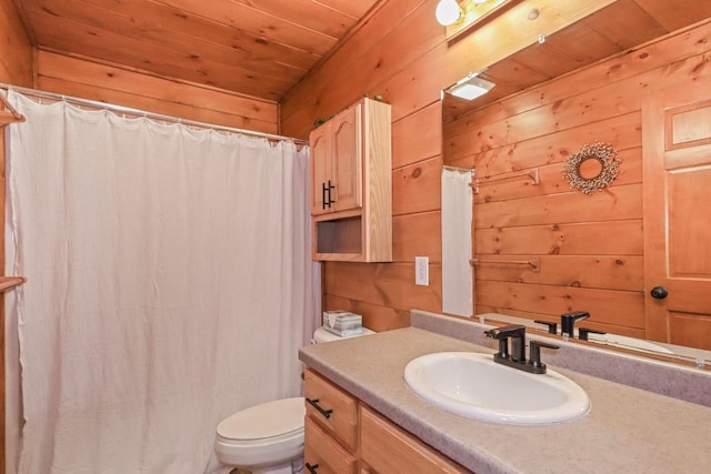 1780 Amik Lake Ln, Lac Du Flambeau, WI 54538 - bathroom with wood ceiling, wood walls, vanity, and curtained shower
