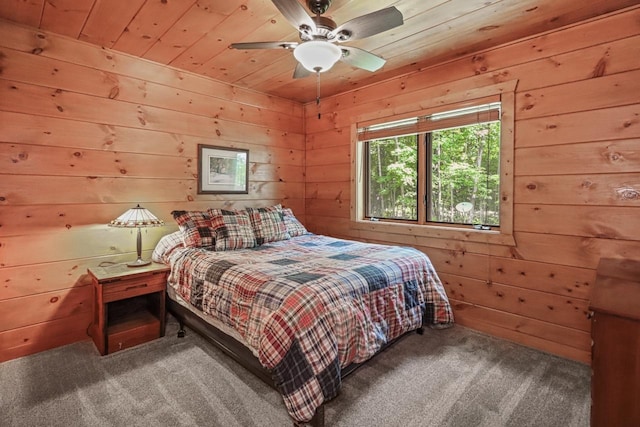1780 Amik Lake Ln, Lac Du Flambeau, WI 54538 - bedroom featuring carpet floors, wood walls, wood ceiling, and ceiling fan