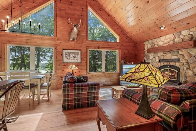 1780 Amik Lake Ln, Lac Du Flambeau, WI 54538 - living room with wood finished floors, wood ceiling, high vaulted ceiling, a stone fireplace, and wood walls