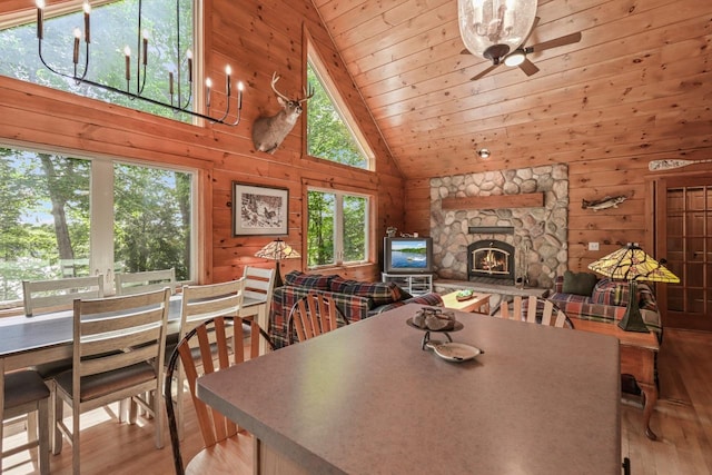 1780 Amik Lake Ln, Lac Du Flambeau, WI 54538 - dining area featuring wood finished floors, a fireplace, high vaulted ceiling, a ceiling fan, and wooden walls