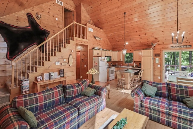 1780 Amik Lake Ln, Lac Du Flambeau, WI 54538 - living room with wooden walls, wood ceiling, high vaulted ceiling, light wood finished floors, and stairs