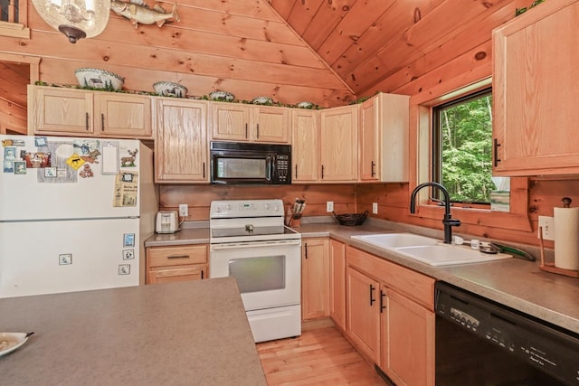 1780 Amik Lake Ln, Lac Du Flambeau, WI 54538 - kitchen featuring black appliances, light brown cabinetry, lofted ceiling, wood ceiling, and wood walls