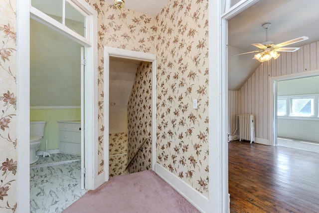 305 N Center Ave, Merrill, WI 54452 - bathroom featuring radiator heating unit, wallpapered walls, a ceiling fan, and wood finished floors