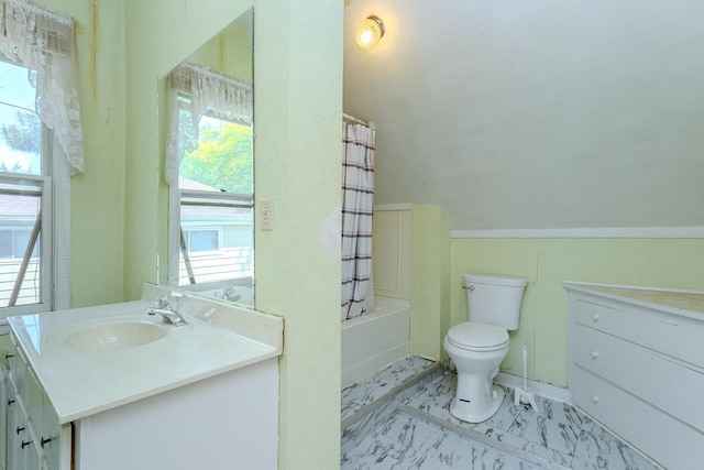 305 N Center Ave, Merrill, WI 54452 - full bathroom featuring vanity, lofted ceiling, shower / bathtub combination with curtain, and marble look tiles