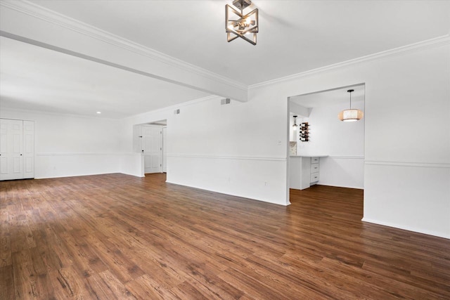 1152 Pilgrim Pkwy, Elm Grove, WI 53122 - unfurnished living room featuring wood finished floors, crown molding, and a chandelier