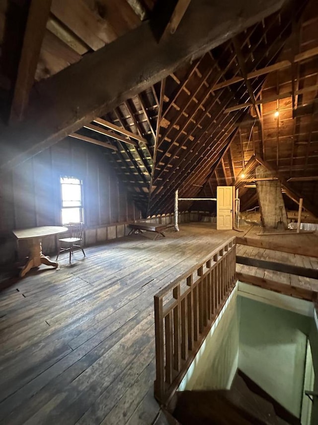 525 Dunbar Ave, Waukesha, WI 53186 - unfinished attic featuring an upstairs landing