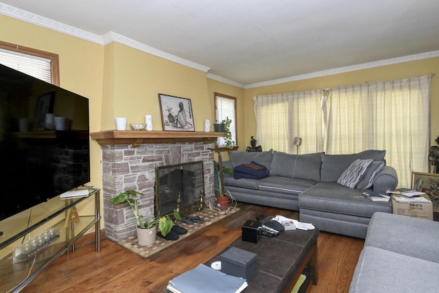 3940 N 64th St, Milwaukee, WI 53216 - living area with a fireplace, wood finished floors, and crown molding