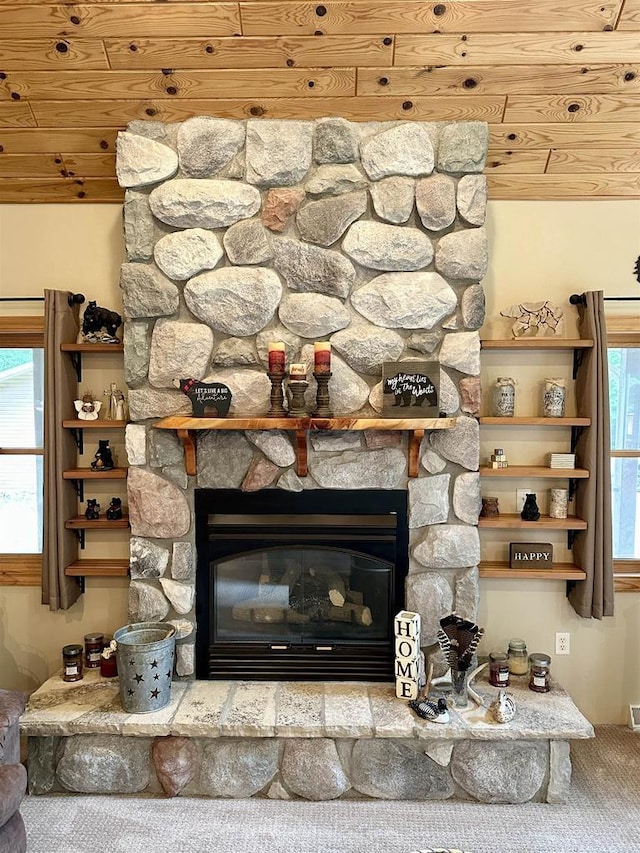N6448 Neva Lake Rd, Deerbrook, WI 54424 - detailed view of a fireplace, wood ceiling, and carpet