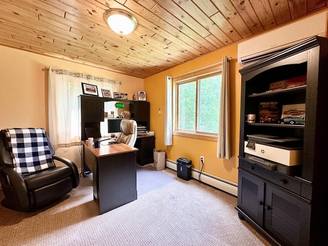 N6448 Neva Lake Rd, Deerbrook, WI 54424 - office space featuring wooden ceiling, carpet floors, a baseboard radiator, and a wall unit AC