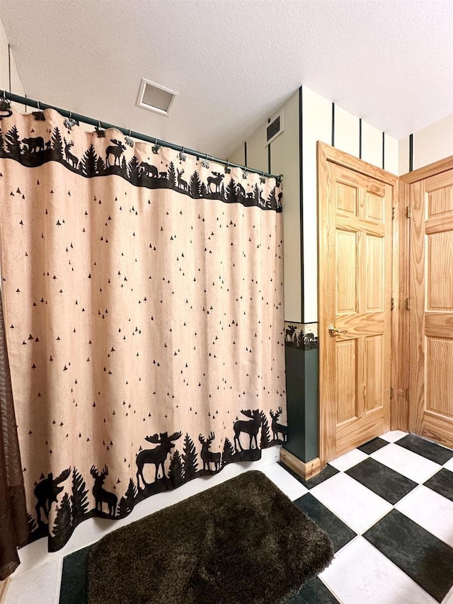 N6448 Neva Lake Rd, Deerbrook, WI 54424 - full bathroom featuring tile patterned floors, a shower with curtain, and a textured ceiling