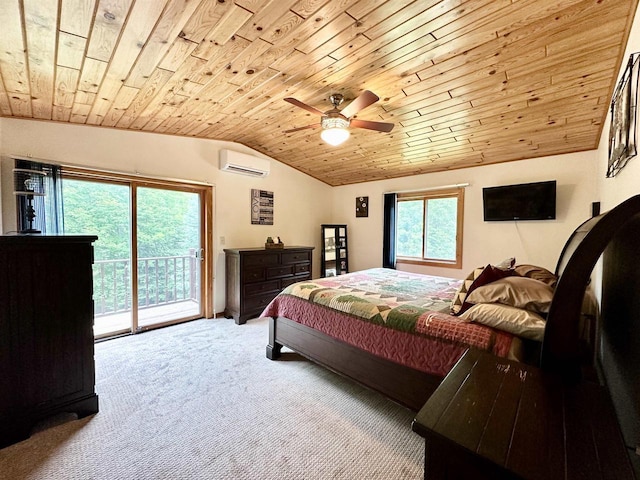 N6448 Neva Lake Rd, Deerbrook, WI 54424 - bedroom with a wall mounted AC, wood ceiling, vaulted ceiling, access to exterior, and carpet flooring