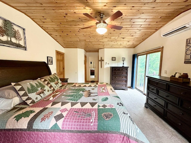 N6448 Neva Lake Rd, Deerbrook, WI 54424 - carpeted bedroom featuring wooden ceiling, access to exterior, vaulted ceiling, a wall unit AC, and a ceiling fan