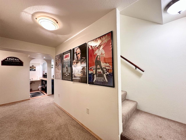 N6448 Neva Lake Rd, Deerbrook, WI 54424 - hallway with arched walkways, carpet floors, and stairs