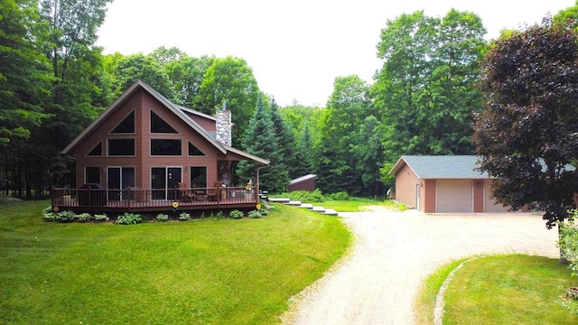 N6448 Neva Lake Rd, Deerbrook, WI 54424 - log cabin featuring driveway, a deck, a front lawn, and an outdoor structure