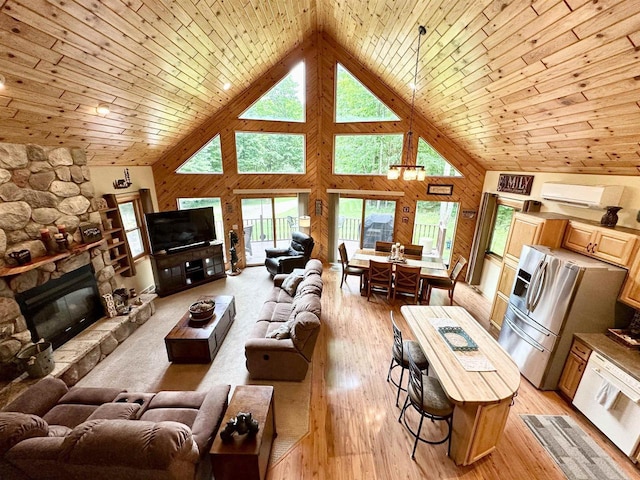 N6448 Neva Lake Rd, Deerbrook, WI 54424 - living room with high vaulted ceiling, a wall unit AC, wood walls, a fireplace, and wood ceiling