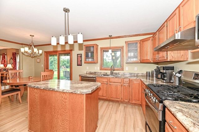 2191 W Hope Ln, Oak Creek, WI 53154 - kitchen with appliances with stainless steel finishes, a center island, under cabinet range hood, light wood-style flooring, and light stone counters