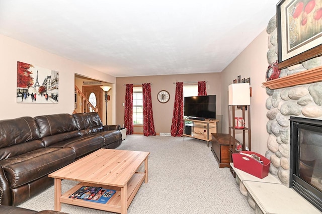 2191 W Hope Ln, Oak Creek, WI 53154 - living room with carpet and a stone fireplace