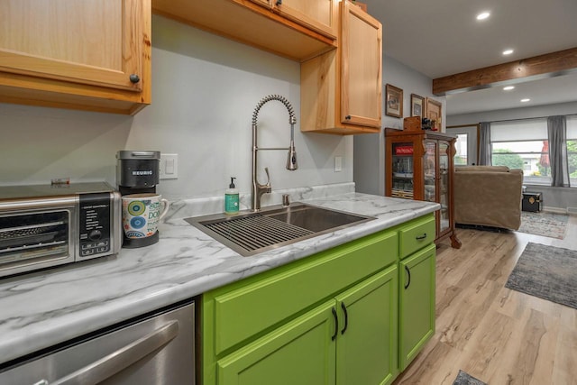 1363 Josephine St Unit E, Waukesha, WI 53186 - kitchen with dishwasher, recessed lighting, light wood-style floors, green cabinets, and beam ceiling