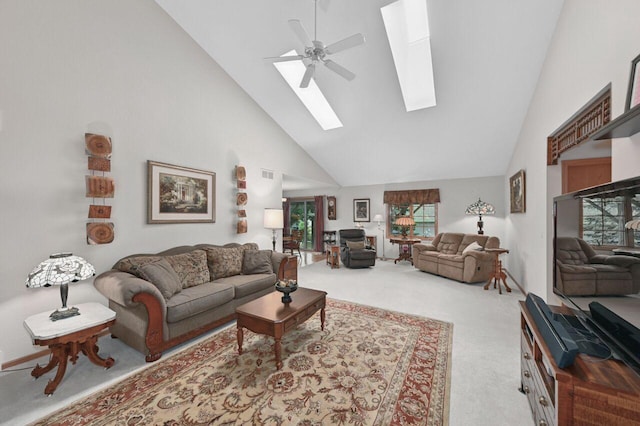 W203N16149 Pin Oak Cir, Jackson, WI 53037 - living area with high vaulted ceiling, carpet, a skylight, and ceiling fan