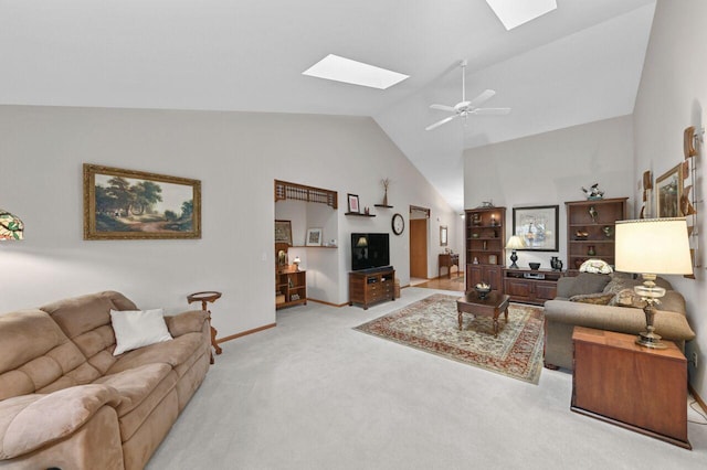 W203N16149 Pin Oak Cir, Jackson, WI 53037 - living area featuring a skylight, a ceiling fan, carpet, and high vaulted ceiling