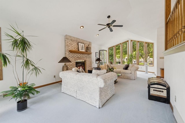 330 W Florida Ave, Appleton, WI 54911 - living room with a brick fireplace, light carpet, a ceiling fan, high vaulted ceiling, and recessed lighting