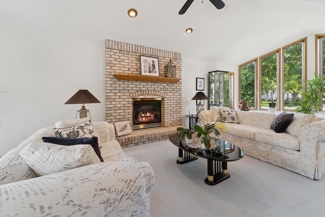 330 W Florida Ave, Appleton, WI 54911 - carpeted living area featuring a ceiling fan, a brick fireplace, vaulted ceiling, and recessed lighting