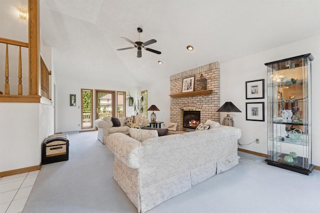 330 W Florida Ave, Appleton, WI 54911 - living room with light colored carpet, ceiling fan, vaulted ceiling, a brick fireplace, and recessed lighting