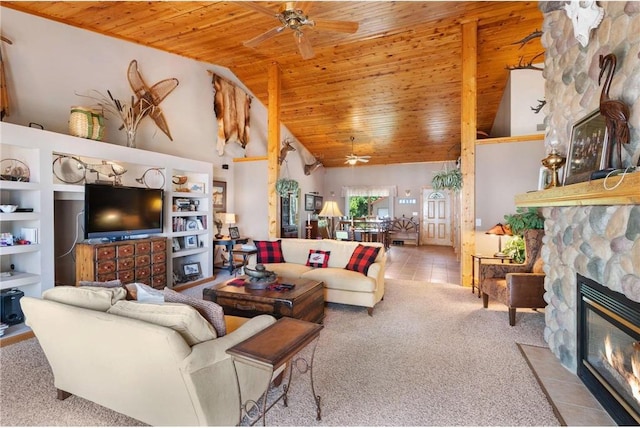 2282 71st St, Luck, WI 54853 - living area featuring ceiling fan, a stone fireplace, carpet floors, wooden ceiling, and high vaulted ceiling