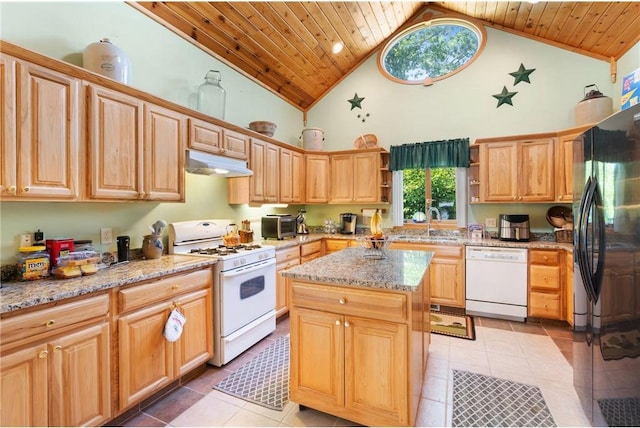 2282 71st St, Luck, WI 54853 - kitchen featuring white appliances, under cabinet range hood, high vaulted ceiling, wooden ceiling, and light tile patterned floors