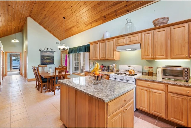 2282 71st St, Luck, WI 54853 - kitchen featuring under cabinet range hood, wood ceiling, gas range gas stove, light tile patterned flooring, and high vaulted ceiling