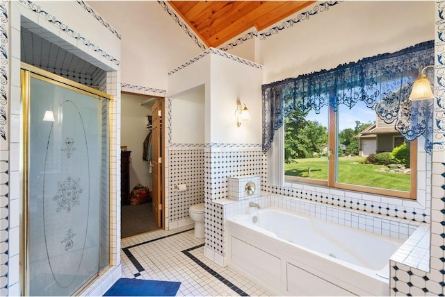 2282 71st St, Luck, WI 54853 - full bath featuring a stall shower, a garden tub, wood ceiling, tile patterned floors, and tile walls