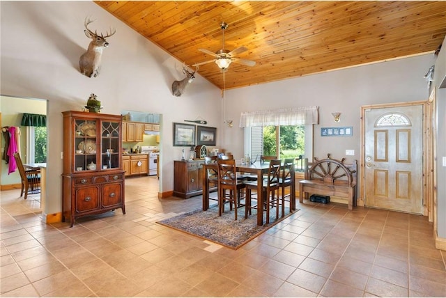 2282 71st St, Luck, WI 54853 - dining space featuring high vaulted ceiling, wooden ceiling, a ceiling fan, and light tile patterned flooring