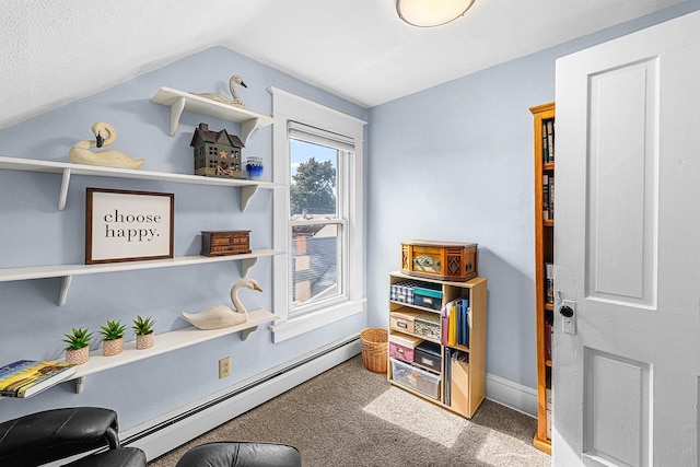 1515 Rugby St, Oshkosh, WI 54902 - recreation room featuring a baseboard heating unit, carpet, and lofted ceiling