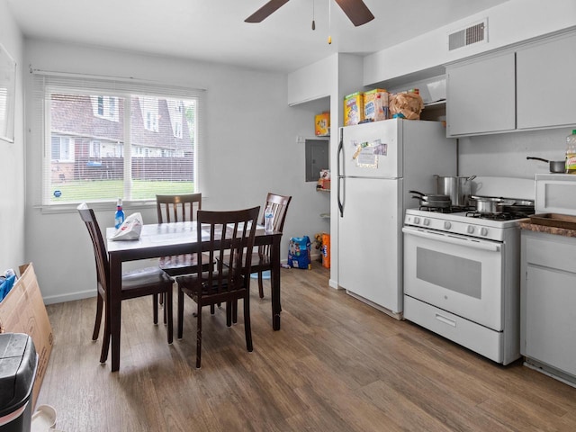 8871 N Swan Rd Unit K, Milwaukee, WI 53224 - kitchen with white appliances, ceiling fan, wood finished floors, and electric panel