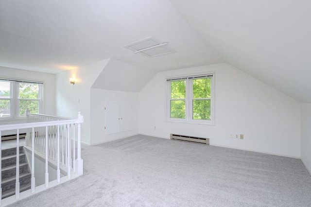 415 Broadway Ave, Wausau, WI 54403 - additional living space with baseboard heating, carpet flooring, healthy amount of natural light, and lofted ceiling
