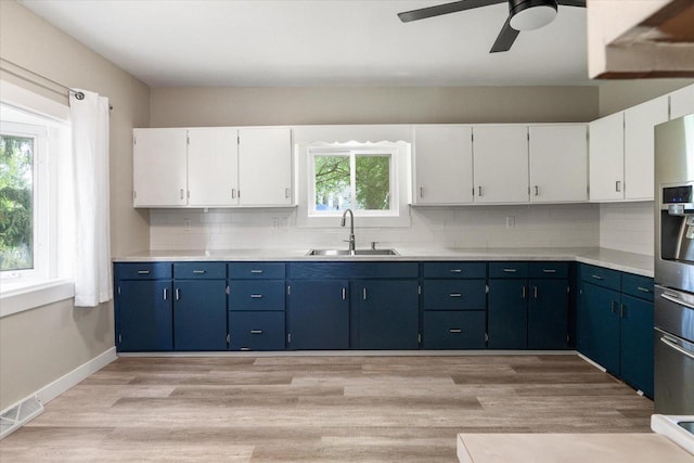 624 S Main St, Westby, WI 54667 - kitchen featuring stainless steel fridge, a ceiling fan, blue cabinetry, and light countertops