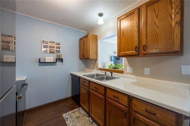 3950 Boardwalk St, Eau Claire, WI 54701 - kitchen with dishwasher, light countertops, dark wood-type flooring, brown cabinetry, and a textured ceiling