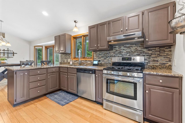 2570 Country Meadow Ct, Green Bay, WI 54313 - kitchen with stainless steel appliances, under cabinet range hood, light wood-style flooring, a peninsula, and decorative backsplash