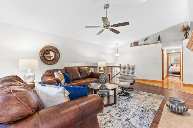 2570 Country Meadow Ct, Green Bay, WI 54313 - living room with a ceiling fan, wood finished floors, and high vaulted ceiling