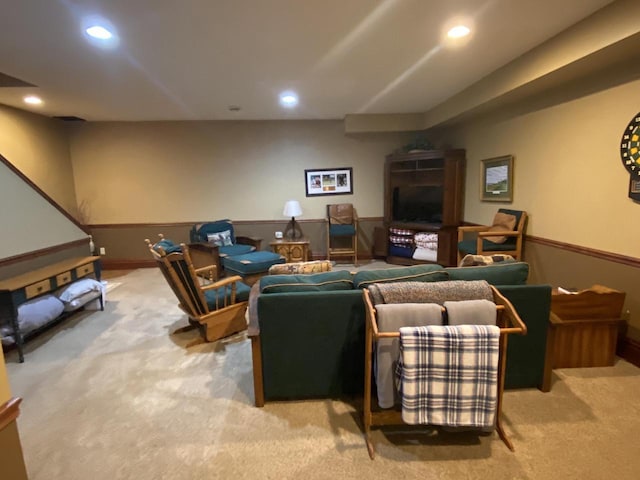 823 E Brandybrook Rd, Wales, WI 53183 - living area with light carpet, recessed lighting, and a fireplace