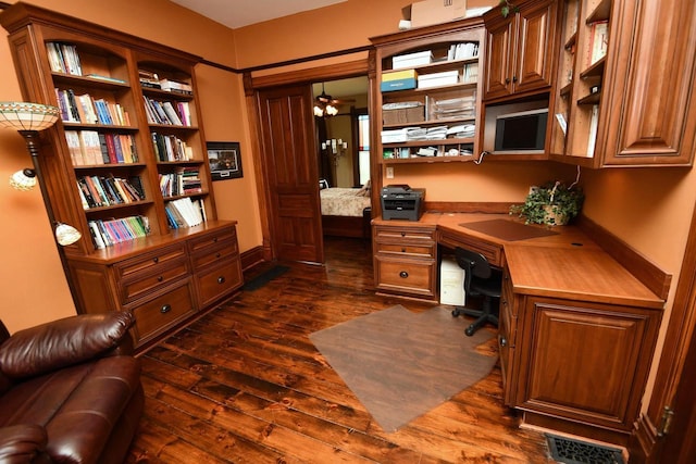 823 E Brandybrook Rd, Wales, WI 53183 - office featuring dark wood-type flooring, built in study area, and ceiling fan