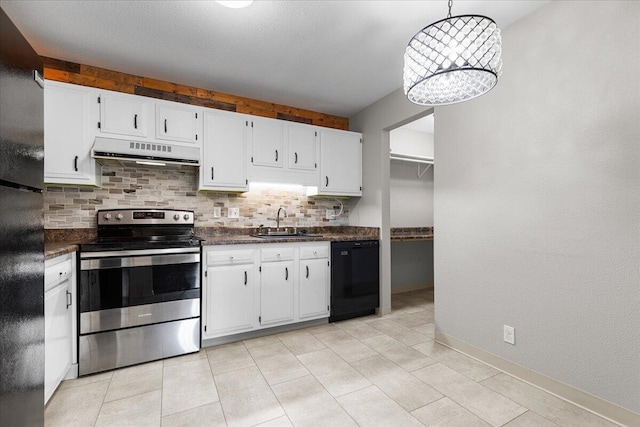 10824 W Donna Dr, Milwaukee, WI 53224 - kitchen with black appliances, under cabinet range hood, dark countertops, decorative backsplash, and white cabinetry