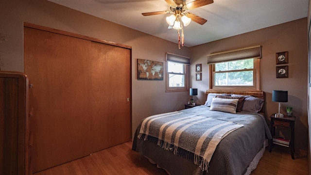 132 N Eagle St, Oshkosh, WI 54902 - bedroom featuring wood finished floors, a closet, and ceiling fan