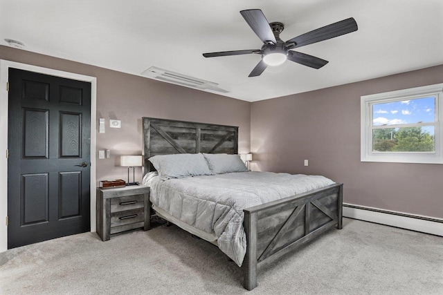 521 Maunesha Dr, Marshall, WI 53559 - bedroom with light colored carpet, a baseboard heating unit, and ceiling fan