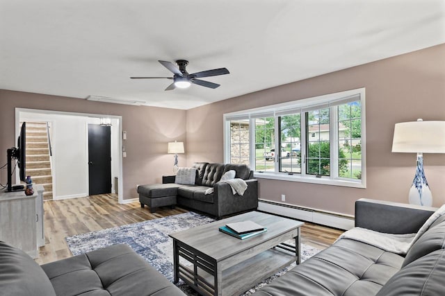 521 Maunesha Dr, Marshall, WI 53559 - living area with a baseboard radiator, a ceiling fan, and light wood-style flooring