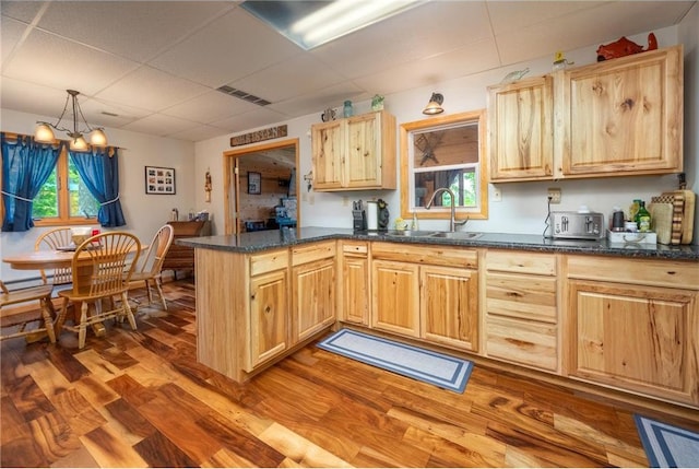 1674 W White Ash Dr, Balsam Lake, WI 54810 - kitchen featuring a peninsula, plenty of natural light, dark wood-style flooring, light brown cabinets, and a paneled ceiling